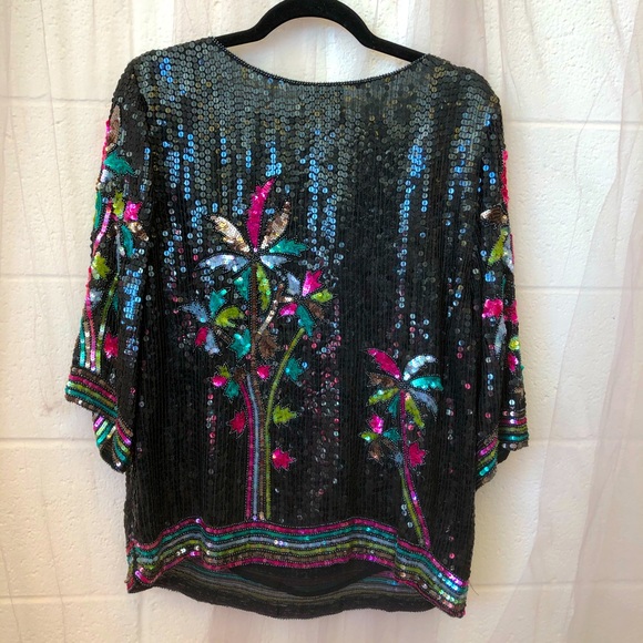Vintage Creative Creations Black Sequined Silk Blouse with Palm Trees - Picture 2 of 6